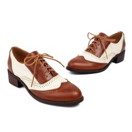 SHEMEE Women's Chunky Low Heels Oxfords Saddle Shoes Creeper Vintage Wingtip Brogues Perforated Flats Lace Up Pumps Two Tone Brown White,US 8.5