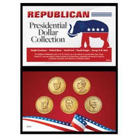 Signage - Presidential Dollar Republican Party Collection- Five Genuine United States Golden Dollar Coins- Wallet Signage, Certificate of Authenticity