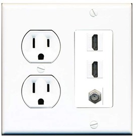 15 Amp Round Power Outlet 2 Port HDMI 1 Coax Cable-TV F-Type Wall Plate White