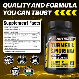 Turmeric Moringa Supplement with Moringa Leaf - Moringa Oleifera & Turmeric Curcumin with Black Pepper - 60 Veggie Capsules Supplement for Women and Men