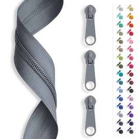 5 m Endless Zip, Spiral 3 mm + 15 Sliders / Zip, 32 Colours, Sold by the Metre (Light Grey)
