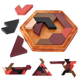 3 otters Hexagon Tangram Puzzle, Wooden Brain Puzzles Challenging Wooden Brain Teasers Puzzle Games Brain Games for Kids Family Party Gift