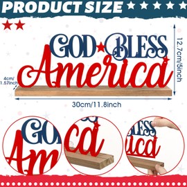 MiniInflat Patriotic God Bless America Metal Sign Rustic Table Decor Holiday Tiered Tray Decor with Wooden Base Freestanding Metal Word Sign for Home Tabletop Centerpiece Mantel Shelf Fireplace
