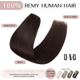 Clip-In Real Hair Extensions, 8-Piece Set, 100% Human Remy Human Hair, Soft, Silky, Thin, Straight, Dark Brown #2, 8 inches (20 cm), 45 g