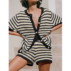 Saodimallsu Womens Crochet Swimsuit Coverup Summer Beach Sets Striped Knit Short Sleeve Button Shirts 2 Piece Short Set Black
