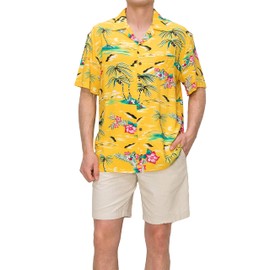 OmegaTux 100% Rayon Mens Hawaiian Shirts Short Sleeve Hawaiian Shirts for Men with Front Pocket Availabe Size S - 4XL (OMHW-09-YEL,L)