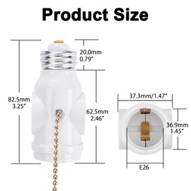 DiCUNO E26 Light Socket to Plug Adapter, 2 Polarized Outlet Bulb Splitter, UL Listed, Gold Pull Chain Switch Control Light Bulb, Standard (Medium) E26 Base to 2-Prong Outlets Converter, White, 2-Pack