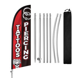 QSUM Tattoos Piercing Flag for Business, Tattoos Piercing Signs, 8FT Polyester Advertising Swooper Flag with Aluminium Alloy Flag Pole Kit, Stainless Steel, Ground Spike, Portable Bag