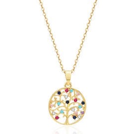 Circle Multicolor CZ Tree Of Life Necklace For Women-Gold Plated Healing Crystal Necklace For Valentines Day Mother's Day Birthday Gifts