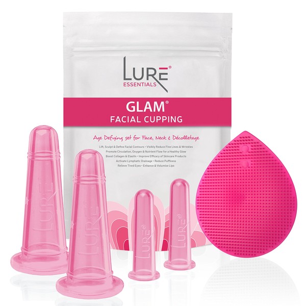 Glam Facial Face Cupping Set - Cupping Therapy Sets Massage Kit with Silicone Cleansing Brush for Instantly Ageless Skin, Works for Fine Lines & Wrinkles, Improves Collagen (GLAM - Pink)
