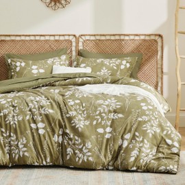 Bedsure Queen Comforter Set - 7 Pieces Floral Olive Green Soft Bedding Sets, Queen Bed in a Bag with Botanical Flowers Comforter, Sheets, Pillowcases & Shams