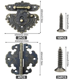 BITEFU Set of 6 Hinges Suit, Bronze Hinge, Folding Hinges Set with Wooden Box Locks and Screwdriver for Cabinets with Wooden Doors, Box Hinges and Latches with 34 Screws