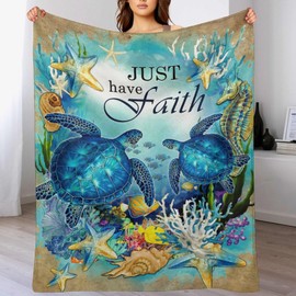Sea Turtle Blanket Turtle Decor Throw Blanket Just Have Faith Inspirational Ocean Blanket Gifts for Girls Boys Winter Bedding Super Warm Soft Plush Fleece Flannel Blanket for Kids Adults Women 40"x50"