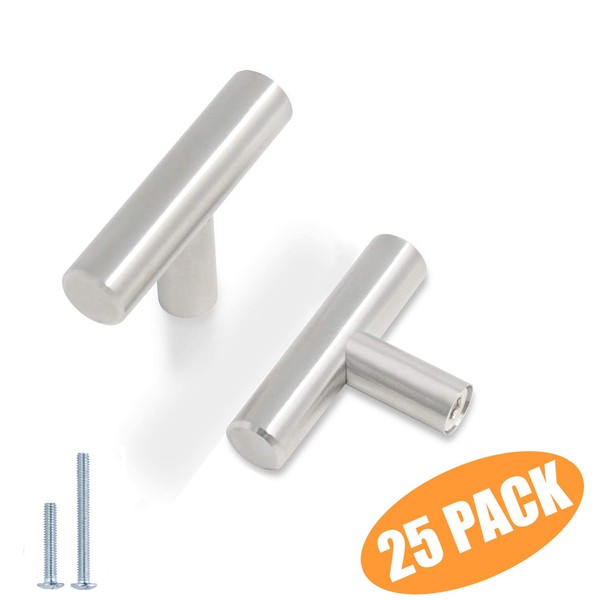 Probrico (25 Pack) Euro Style T Bar Single Hole Brushed Nickel Cabinet Knobs, Stainless Steel Kitchen Cabinet Pulls Dresser Knobs, 2 Inch Total Length
