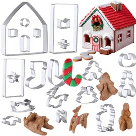 NiHome Juego de 21 cortadores de galletas de acero inoxidable para casa de pan de jengibre 3D y paisaje navideño para niños, Papá Noel, calcetín de caramelo, bastón de Navidad, alce, muñeco de nieve para hornear en la cocina