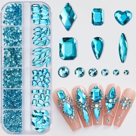 Unikato Rhinestone Nail Stone Nail Parts Stone Nail Stone 3D Flat Bottom Diamond Heart Rectangle Round Nail Art Parts Crystal AB Rhinestone (Light Blue)
