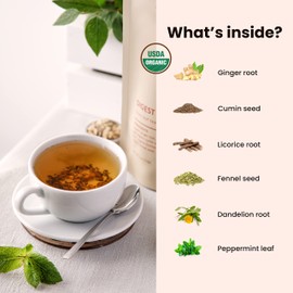 Gardenika Organic Digestive Loose Leaf Tea, Stomach Ease Herbal Caffeine-Free Leaves, Ayurvedic Blend with Dandelion Root, Ginger, Peppermint, Licorice – 4 oz