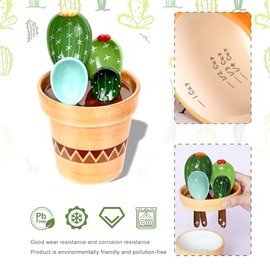 BigNoseDeer - Juego de tazas y cucharas medidoras de cerámica en forma de cactus, juego de 4 cucharas medidoras para cocina, regalos de inauguración de la casa, para el hogar nuevo, para mujeres