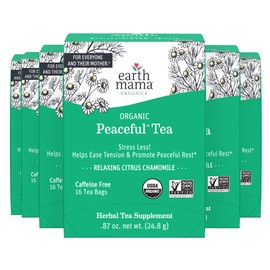 Earth Mama Organic Peaceful™ Tea | Stress Less! Calming, Relaxing Herbal Blend Safe for Pregnancy & Beyond, 16 Teabags Per Box (6-Pack)