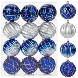 12Pcs Christmas Balls Ornaments Silver Blue Christmas Ornaments 3.14" Christmas Tree Ornaments Big Plastic Christmas Ornaments Balls Gradient Hanging Christmas Balls Xmas Decorations for Holiday Party