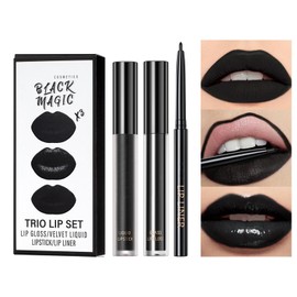 3 Piece Black Liquid Lipstick Set - Long-Lasting Lipstick, Lip Liner, Lip Gloss - Matte Moisturising Highly Pigmented Cream Lipsticks Lip Makeup for Holiday Party