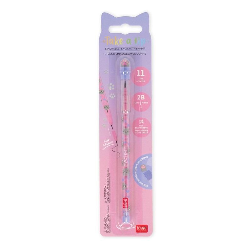 Legami - Stackable Pencil with Eraser Take a Tip, Kitty