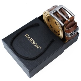 HAWSON Full Grain Genuine Leather Belt for Men with Pin Buckle - 1.3'' and 1.5'' 3 Colors Men Belts with Black Gift Box, Hollow Out/Dark Khaki, 1.5'' wide/47''length, fits 38~40 pants size