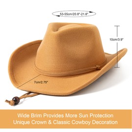 Jastore Kids Girls Boys Wide Brim Western Cowboy Cowgirl Hat with Wind Lanyard Felt Fedora Hat (Camel, 3-5 Years)