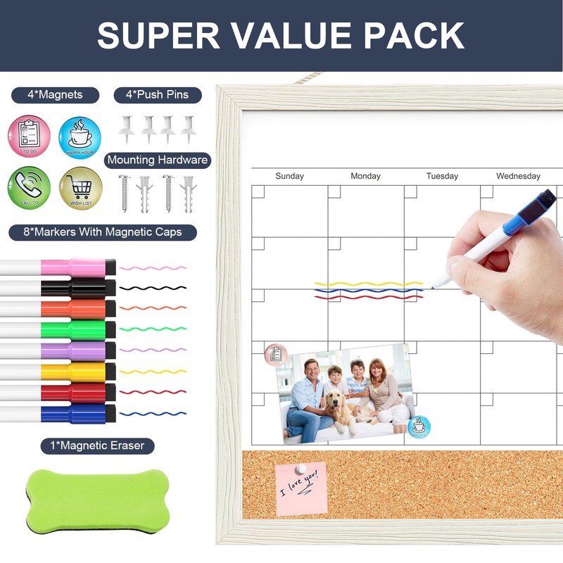 Calendar Whiteboard for Wall, 18x24 Inches Whiteboard Calendar Cork Board