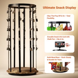 SUOWEEI Chip Rack Display Stand, 5 Tiers 40 Clips Chip Holder Display with Chalkboard Signs, 360° Rotating Wooden Base Snack Rack, Snack Organizer for Concession Stand, Countertop, Party