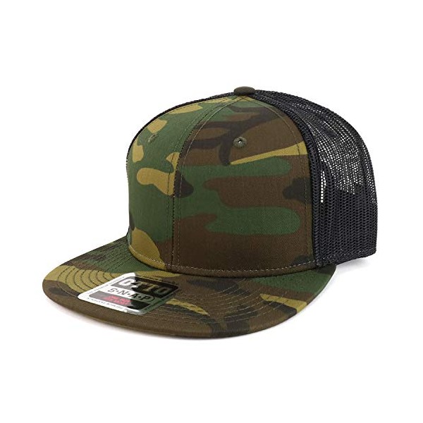 Armycrew Camouflage Cotton Twill Flatbill Mesh Trucker Snapback Hat - Camo Black - OneSize