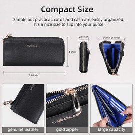 Womens Leather Long Zip Around Clutch Wallet with Coin Pocket 12 Card Slots, Slim Thin RFID Blocking Cash Wallets for Women Large Capacity Organizer (Black and Blue)