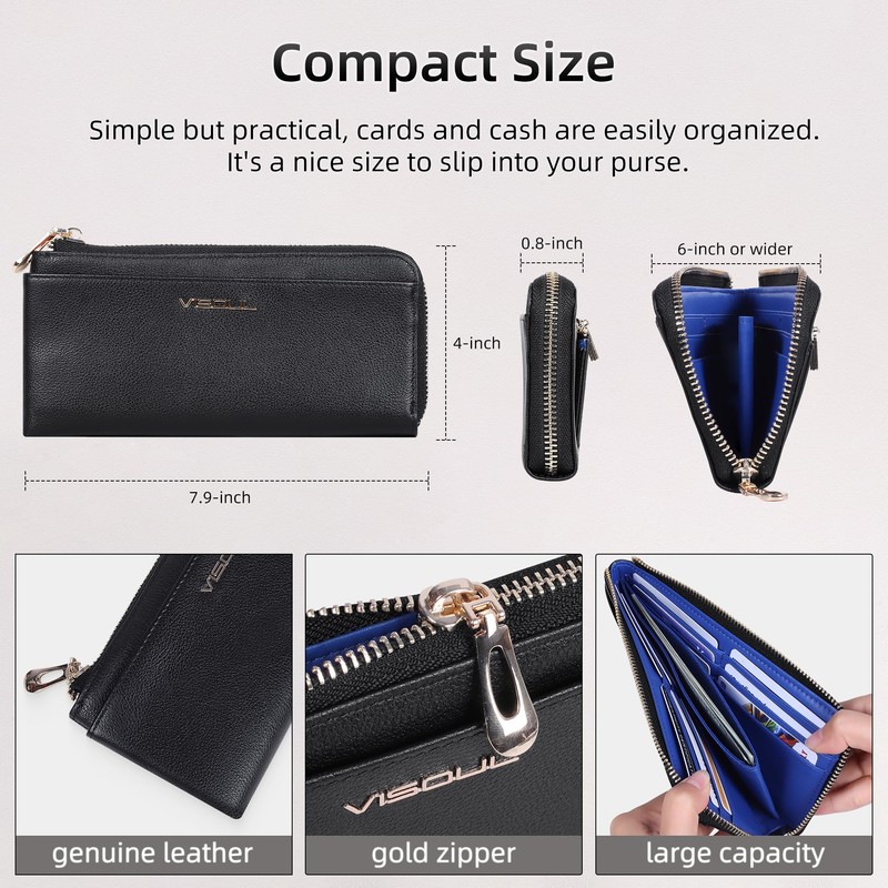 Womens Leather Long Zip Around Clutch Wallet with Coin Pocket