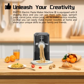 PHITTIS Electric Pasta Machine, Automatic Pasta Maker Machine Electric with 8 Discs for Spaghetti & Fettucine and More, Easy-to-Clean Noodle Maker with Measuring Cup, Cleaning Scraper and Flour Cup