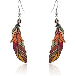 Handmade Bohemian Vintage African Natural Wood Leaf Drop Dangle Earrings for Women Lightweight Geometric Colourful Wood Leaf Earrings (leaf)