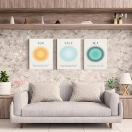 Framed Set of 3 Aura Beach Wall Art Sun Salt Sea Aura Aesthetic Wall Decor Living Room,Trendy Abstract Coastal Wall Art Decor,Minimalist Beachy Art Pritns Modern Wall Decor Bedroom Bathroom Decoration,12x16inch