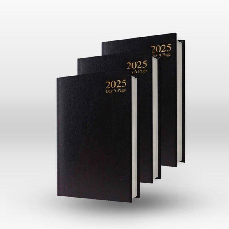 2025 Black A4 Day a Page Diary - Hardback Planner