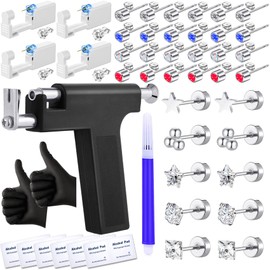 Zygc 58 Pcs Professional Ear Piercing Kit with 19 Pairs of Silver Cubic Zirconia Diamond Ear Stud Earrings with Multi Purpose Black Reusable Ear Piercing Gun for Salon and Home Piercings