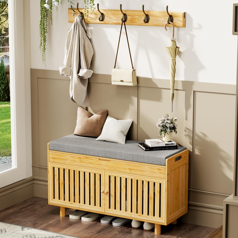 Coat Rack Shoe Bench Set, Bamboo Shoe Storage Bench with