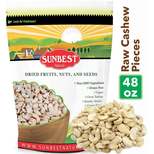 SunBest Natural Cashew PIECES Raw, Unsalted, Unroasted in Resealable Bag (Pieces, 3 Lb)
