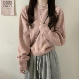 Pullocardi Women's Knit Sweater Long Sleeve Rib Knit Autumn Clothes Winter Round Neck Pure Color Short Version, Pink