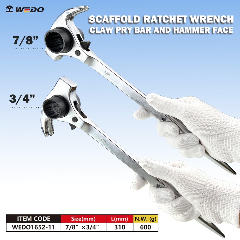 WEDO 3/4"×7/8" Scaffold Ratchet Wrench,Multifunctional Spud Ratchet Podger Wrench,Double Ended