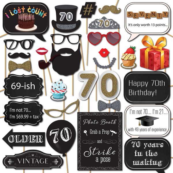 70th Birthday Photo Booth Props - 31-pc Selfie Props with 8 x 10-Inch Sign, 45 Glue Dots, 35 Sticks - 70th Birthday Decorations - 70th Birthday Party Props