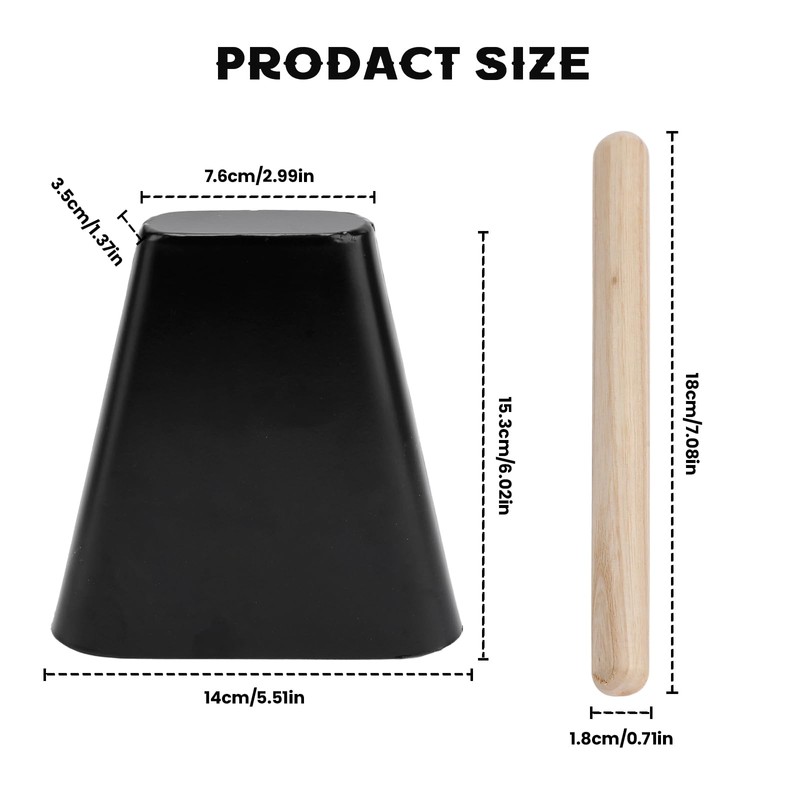 6 Inch Metal Cowbell with Wooden Stick, Percussion Instrument CowBell,
