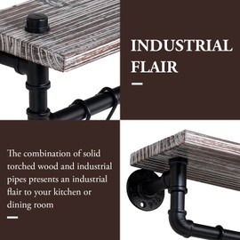 MyGift Wall Mounted Kitchen Pot Rack, Rustic Torched Wood Floating Display Shelf and Industrial Matte Black Metal Pipe Towel Bar and Hanging Cooking Pots and Pans Organizer with 8 S-Hooks