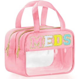 BuyCard Chenille Letter Clear Makeup Bags for Travel, Preppy Patch Nylon & PVC Cosmetic Bag with Handles and Zipper, Waterproof Large Clear Travel Toiletry Bag Storage Bag for Women Girls, Pink-MEDS