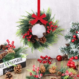 6 Pcs 3 Inch Christmas Wreaths for Cabinet Artificial Cedar Swags Wreath with Red Berries Pine Needles for Xmas Kitchen Front Door Winter Xmas Hanging Wreaths for Christmas Farmhouse Home Decorations