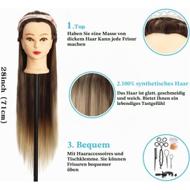 Auzass Hairdressing Head, 26-28 Inches, 100% Synthetic Hair, Soft Training Head, Ombre Hairdressing Head, Training Heads with Holder + DIY Hair Hairstyles Set for Practice Hairstyles (Brown to Deep Grey)