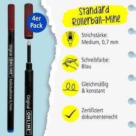 ONLINE 4 x Rollerball Refill Compatible with Faber-Castell, Senator, Schneider | Blue with 0.7 mm Line Width I Replacement Refill for Rollerball Pen I Rollerball Refill in accordance with ISO 14145-2