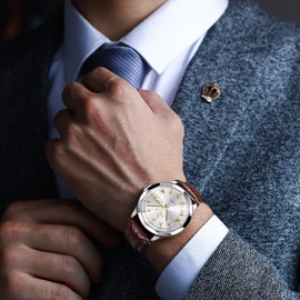 OLEVS Mens Watches Leather Watches for Mens Gold and White Diamond Dial Brown Leather Watch Quartz Analog Dress Casual Classy Luxury Waterproof Watches for Men relojes para Hombres